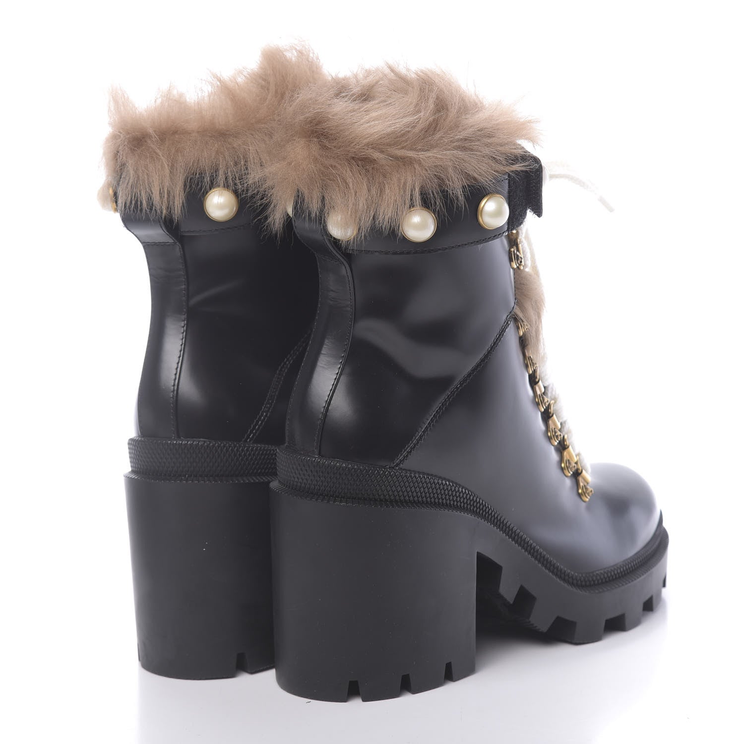 Gucci Magnum Calfskin Fur Pearl Lace Up Combat Ankle Boots 36.5 Black Naturale 5 of 8