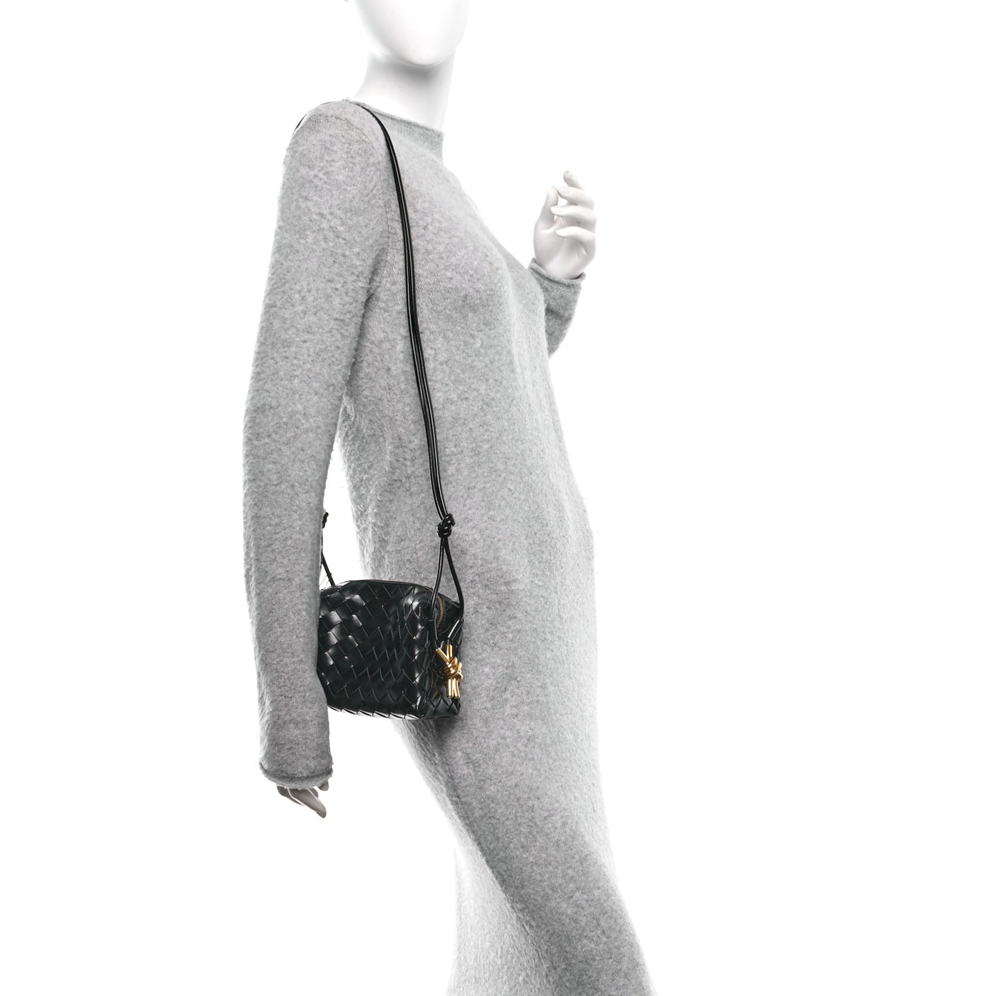 Polished Nappa Intrecciato Metallic Knot Mini Loop Camera Bag Black