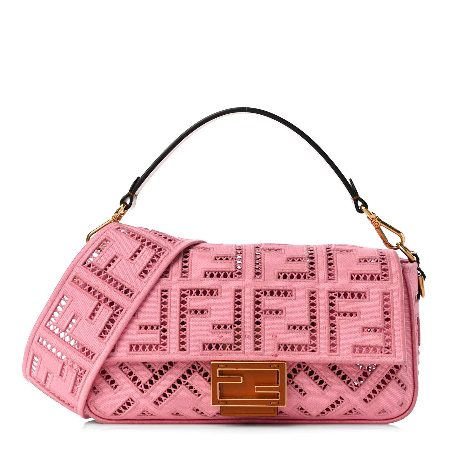 Canvas Cuoio Agata FF Ajour Embroidered Baguette Ciclamino Cuoio