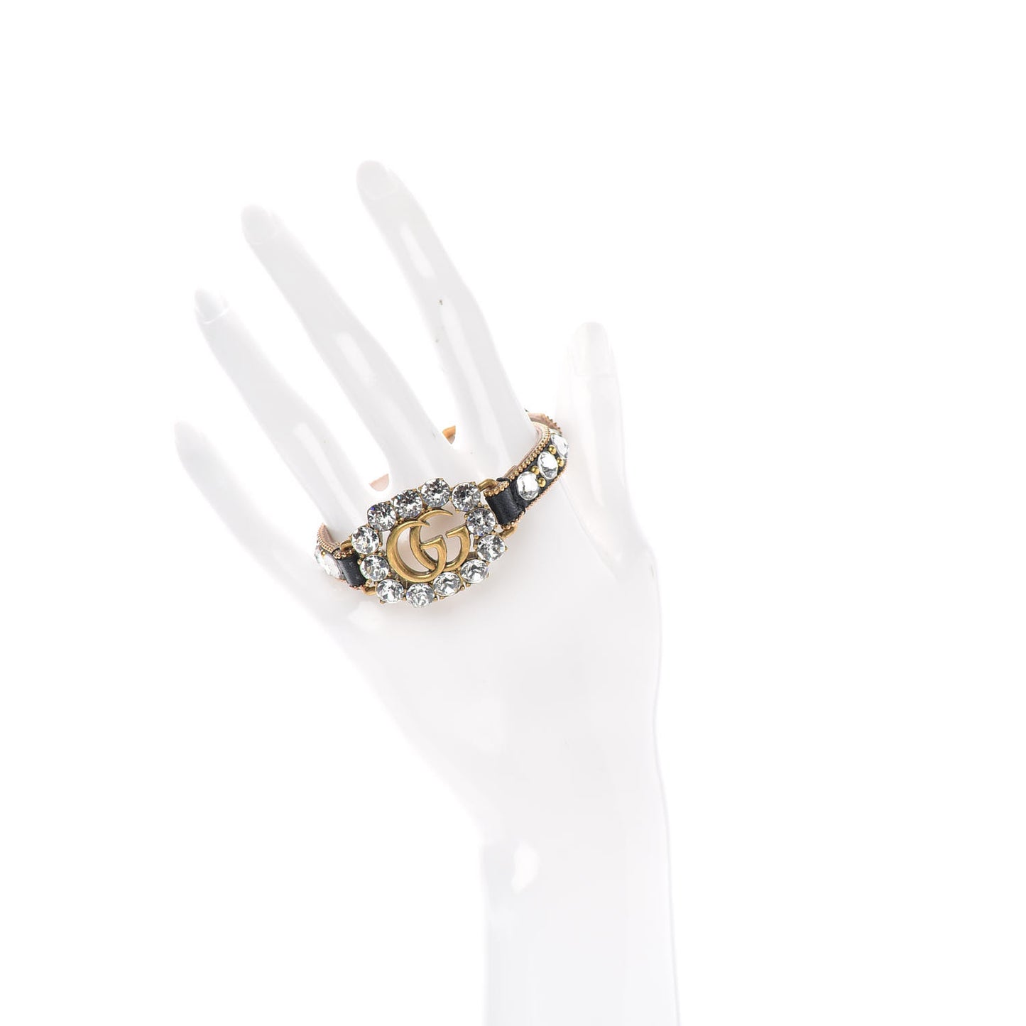 Metal Calfskin Crystal Double G Bracelet Black