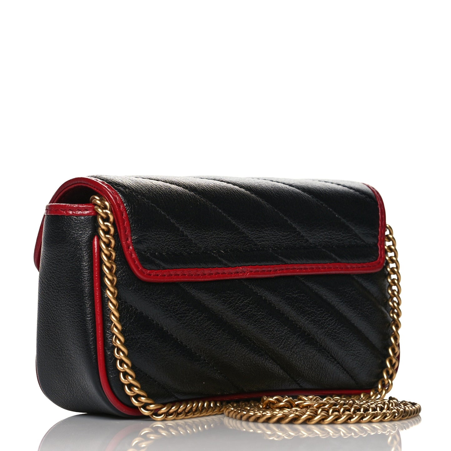 Vintage Effect Calfskin Matelasse Diagonal Super Mini Torchon GG Marmont Shoulder Bag Black Romantic Cherry