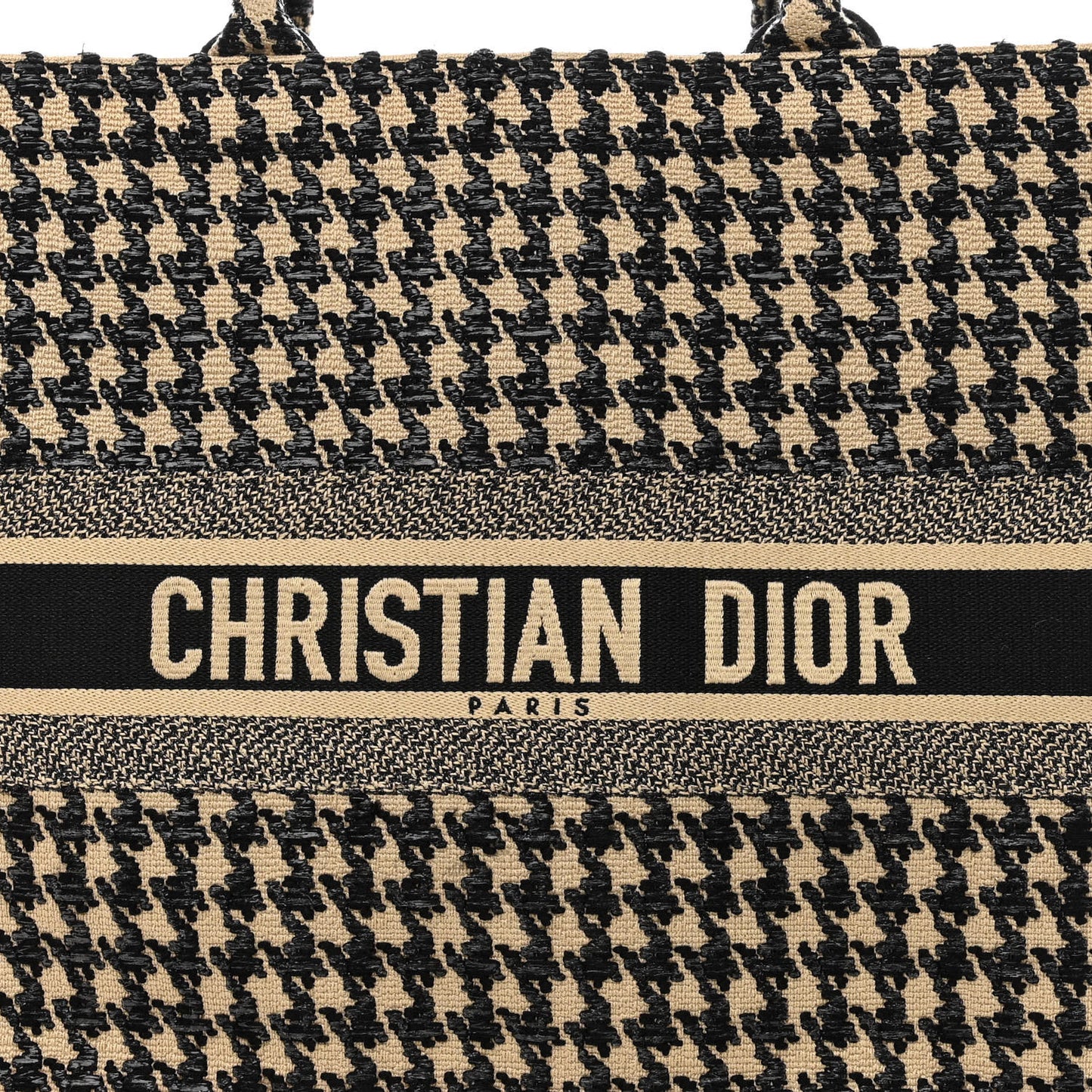 Canvas Houndstooth Embroidered Book Tote Beige Black