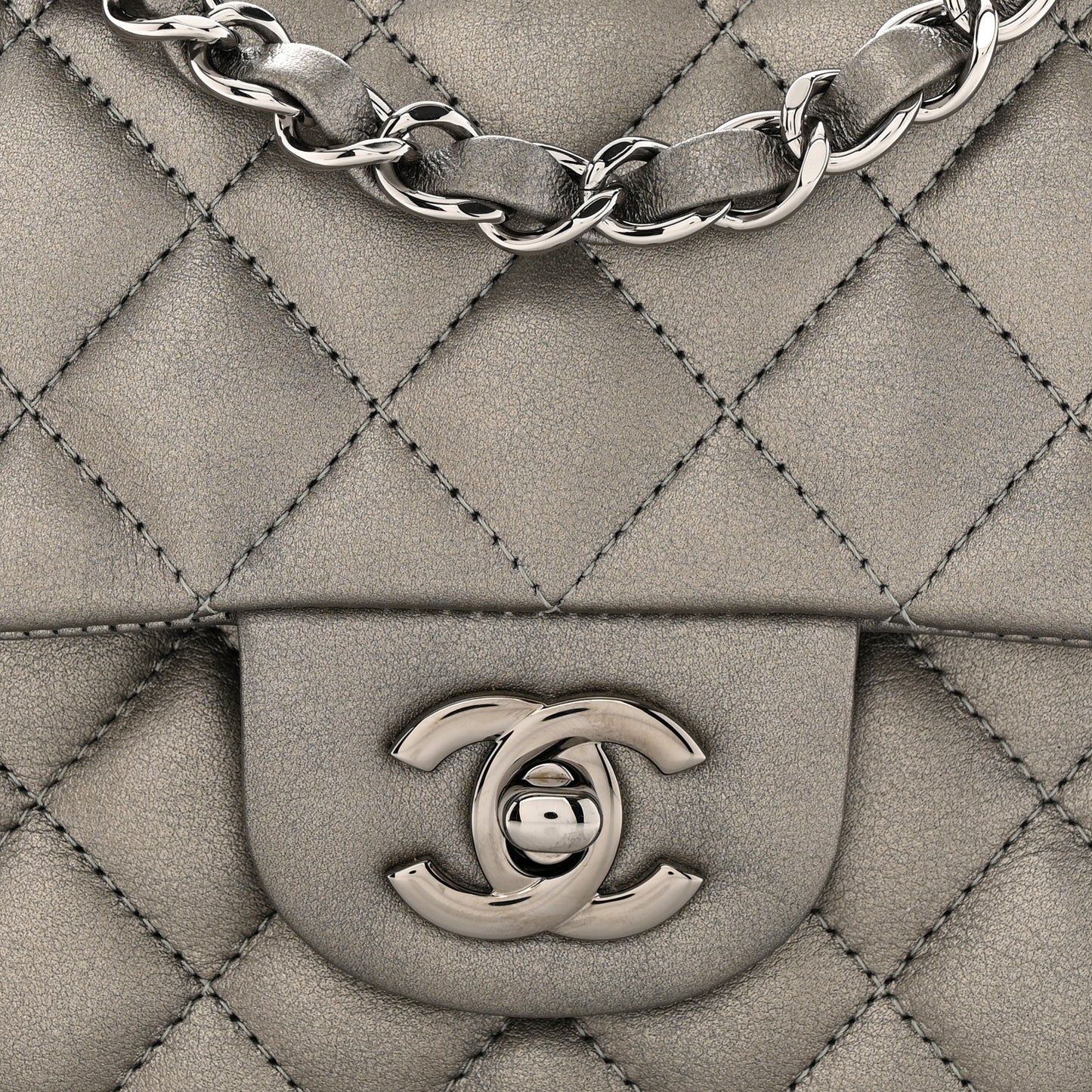Metallic Calfskin Quilted Mini Rectangular Flap Ruthenium