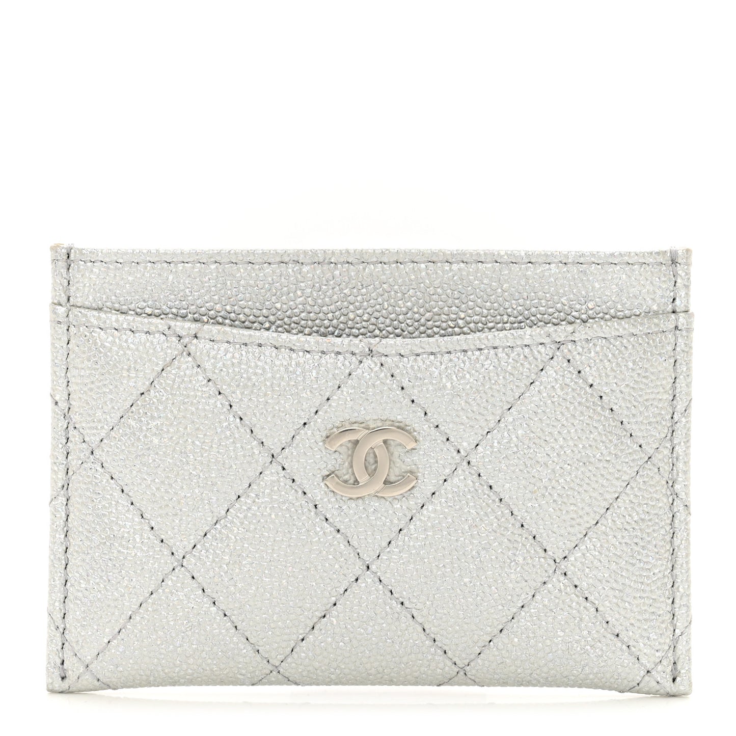 Glittered Metallic Caviar Quilted Card Holder Silver