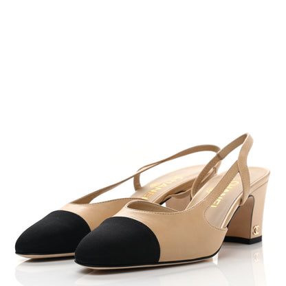 Chanel Goatskin Grosgrain Cap Toe CC Slingback Pumps 37 Beige Black 6 of 18
