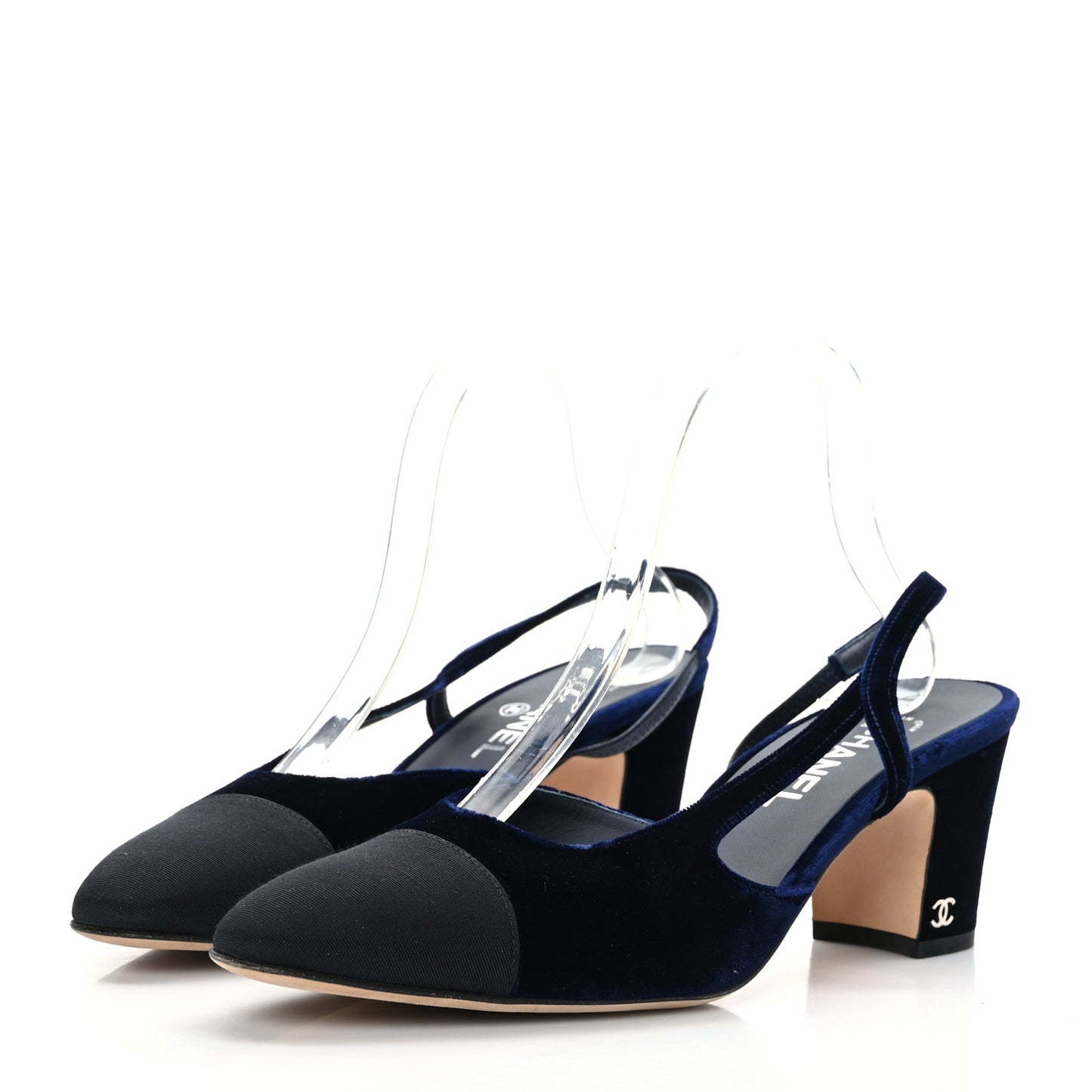 Velvet Grosgrain Cap Toe CC Slingback Pumps 40.5 Blue Black