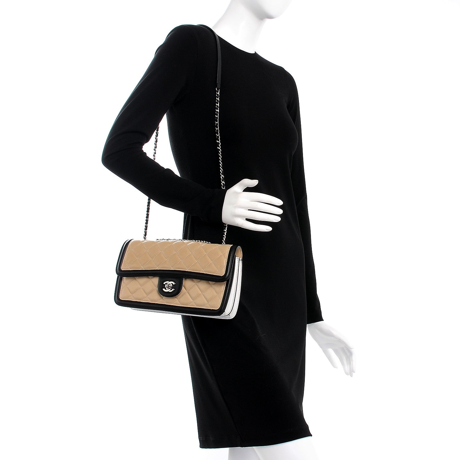 Chanel Lambskin Quilted Tri-Color Flap Beige Black 2 of 8