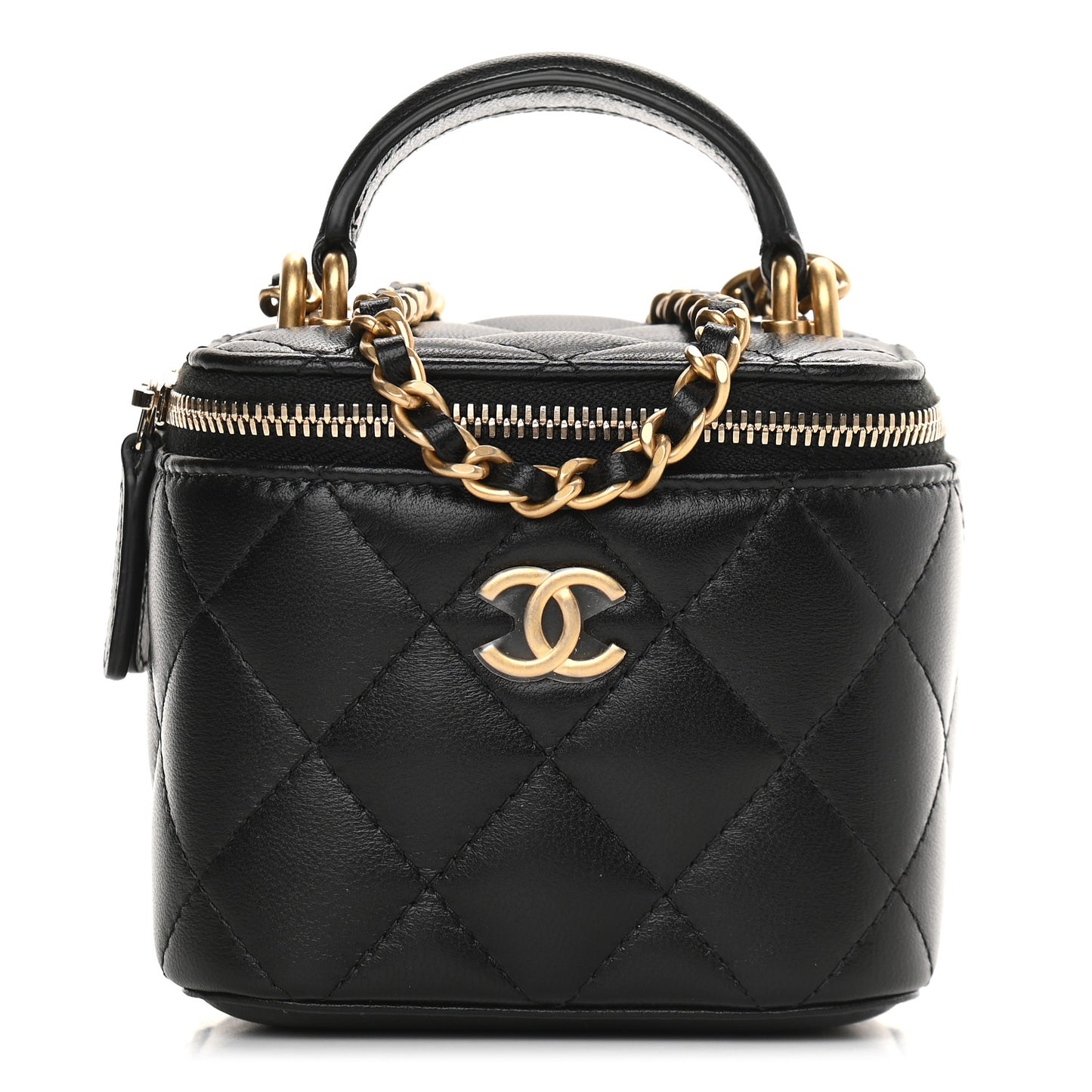 Lambskin Quilted Top Handle Mini Vanity Case With Chain Black