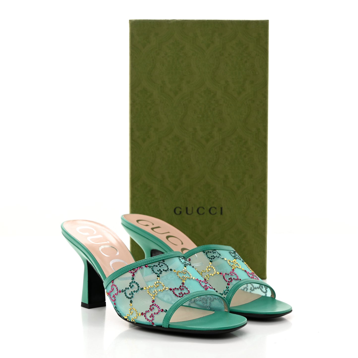 Tela Retino Nappa Crystal GG Monogram Square G 95mm Slide Sandals 39 Turquoise