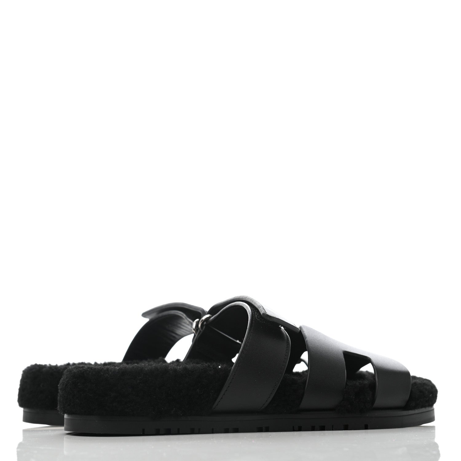 Hermes Calfskin Woolskin Womens Chypre Sandals 37 Black 3 of 6