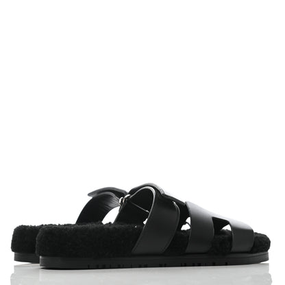 Hermes Calfskin Woolskin Womens Chypre Sandals 37 Black 3 of 6