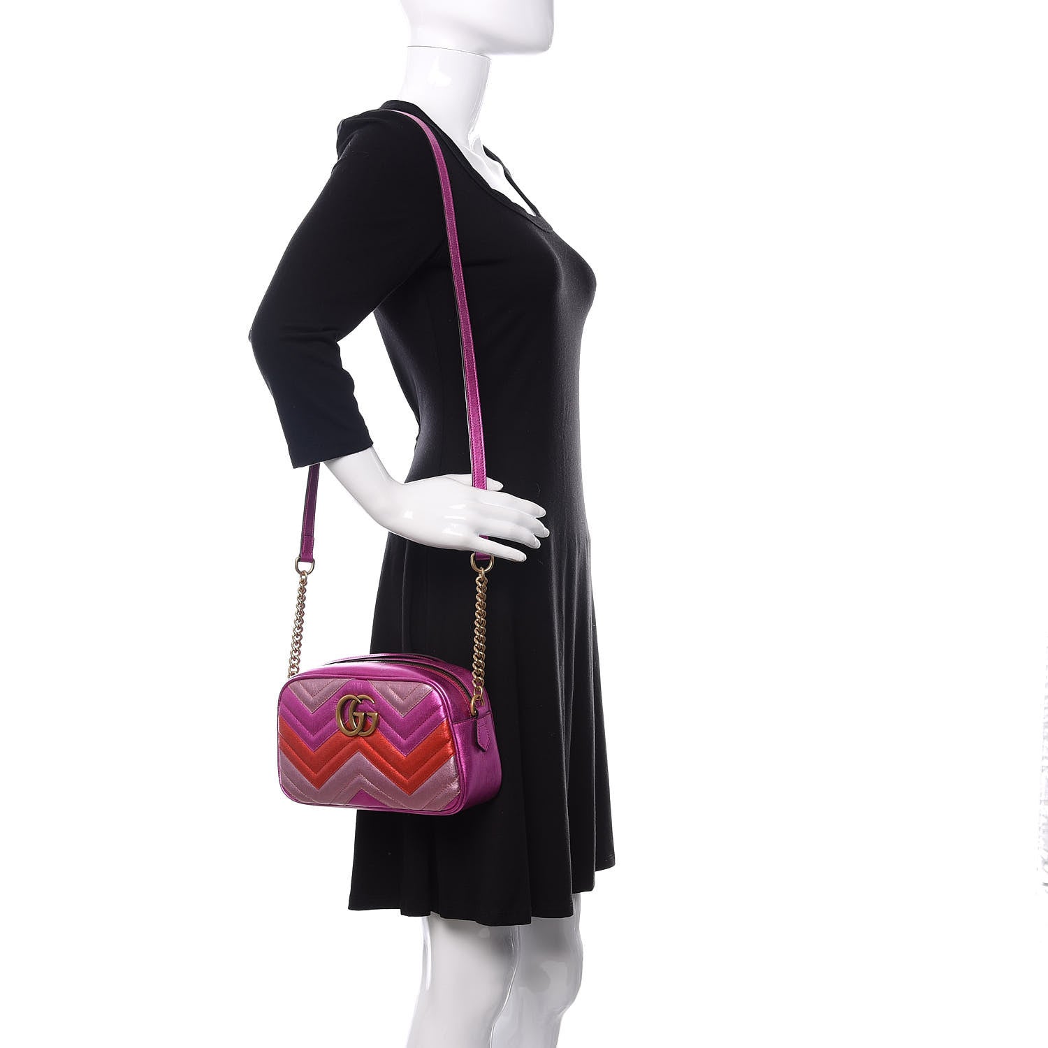 Gucci Laminated Nappa Matelasse Small GG Marmont Chain Shoulder Bag Fuxia Rosso Rosa 2 of 10