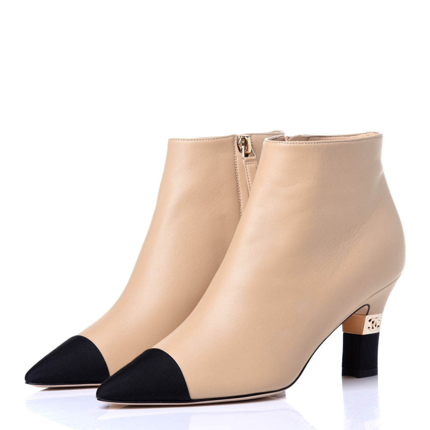 Lambskin Grosgrain Cap Toe Short Ankle Boots 36 Beige Black