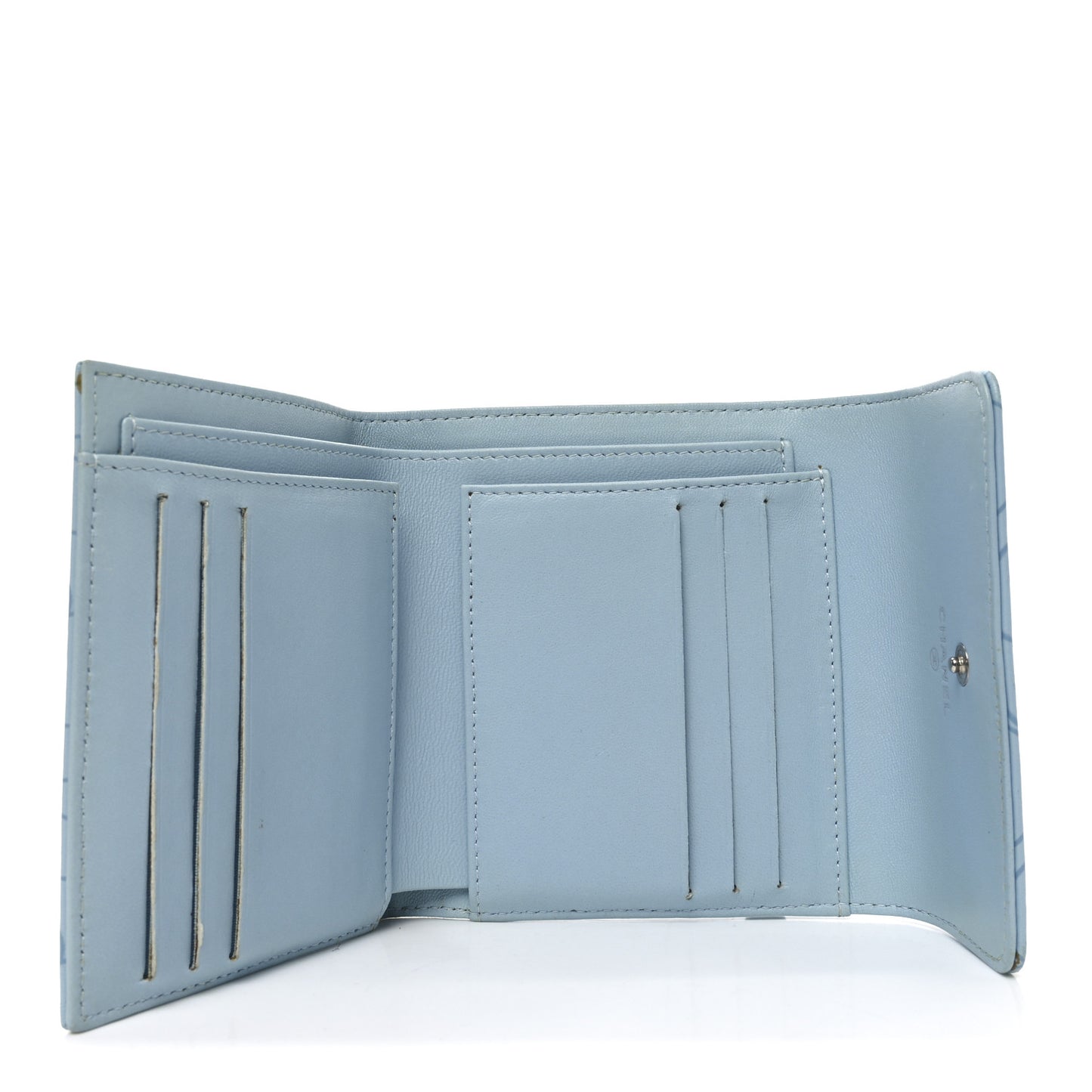 Lambskin Camellia Embossed Compact Wallet Light Blue