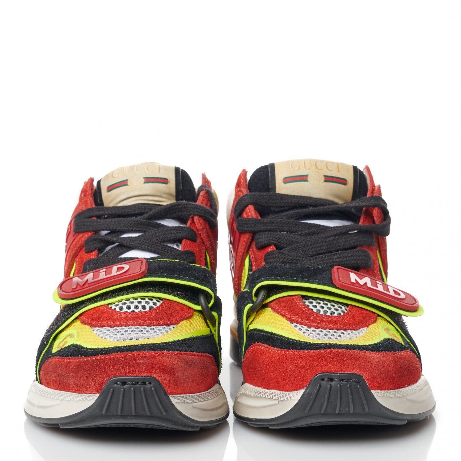 Gucci Suede Calfskin Womens Ultrapace Mid Top Sneakers 34 Hibiscus Red Black Neon Yellow Yolk 2 of 8