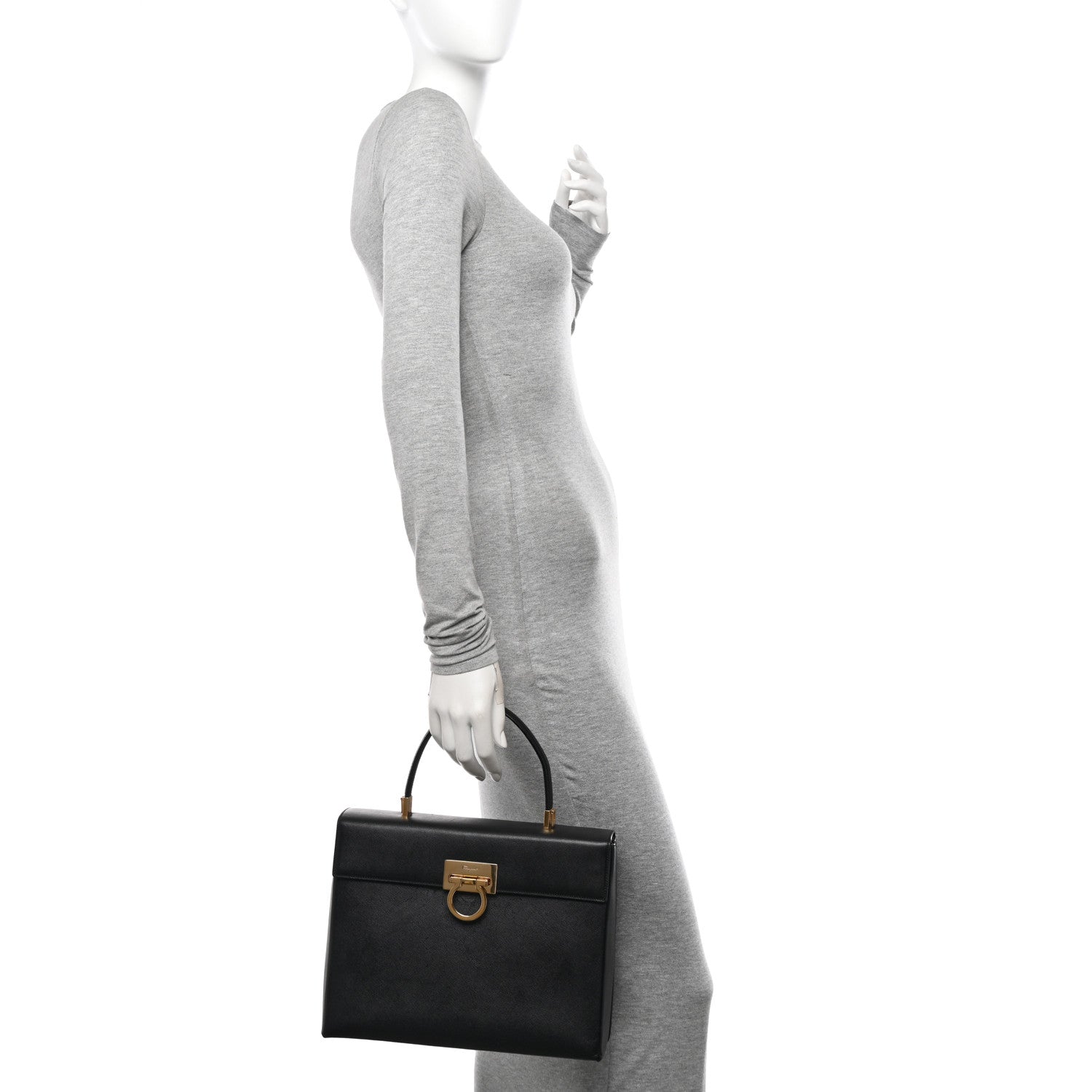 Salvatore Ferragamo Hammered Calfskin Iconic Large Top Handle Bag Black 2 of 10