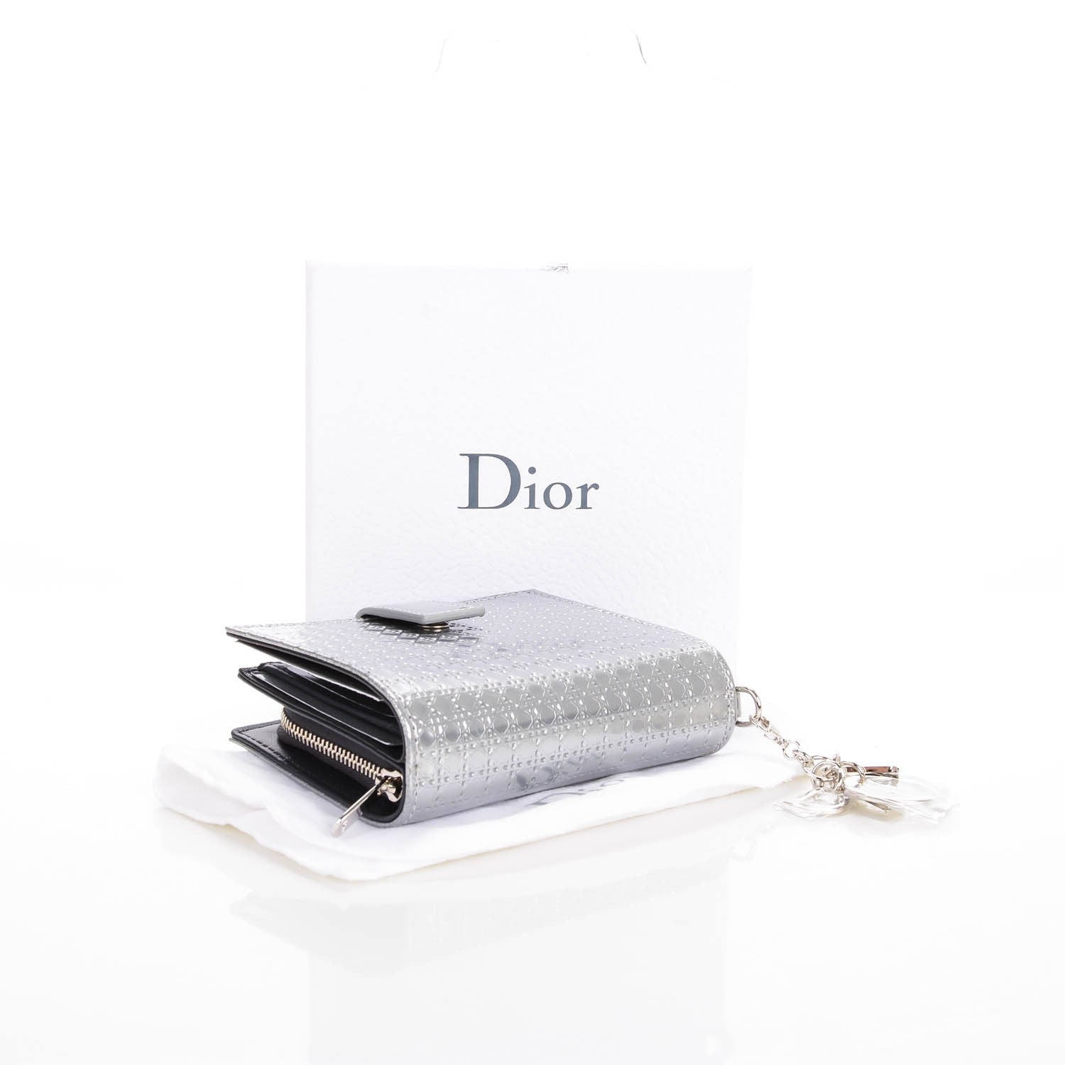 Christian Dior Metallic Patent Micro-Cannage Lady Dior Eden Wallet Silver 4 of 9