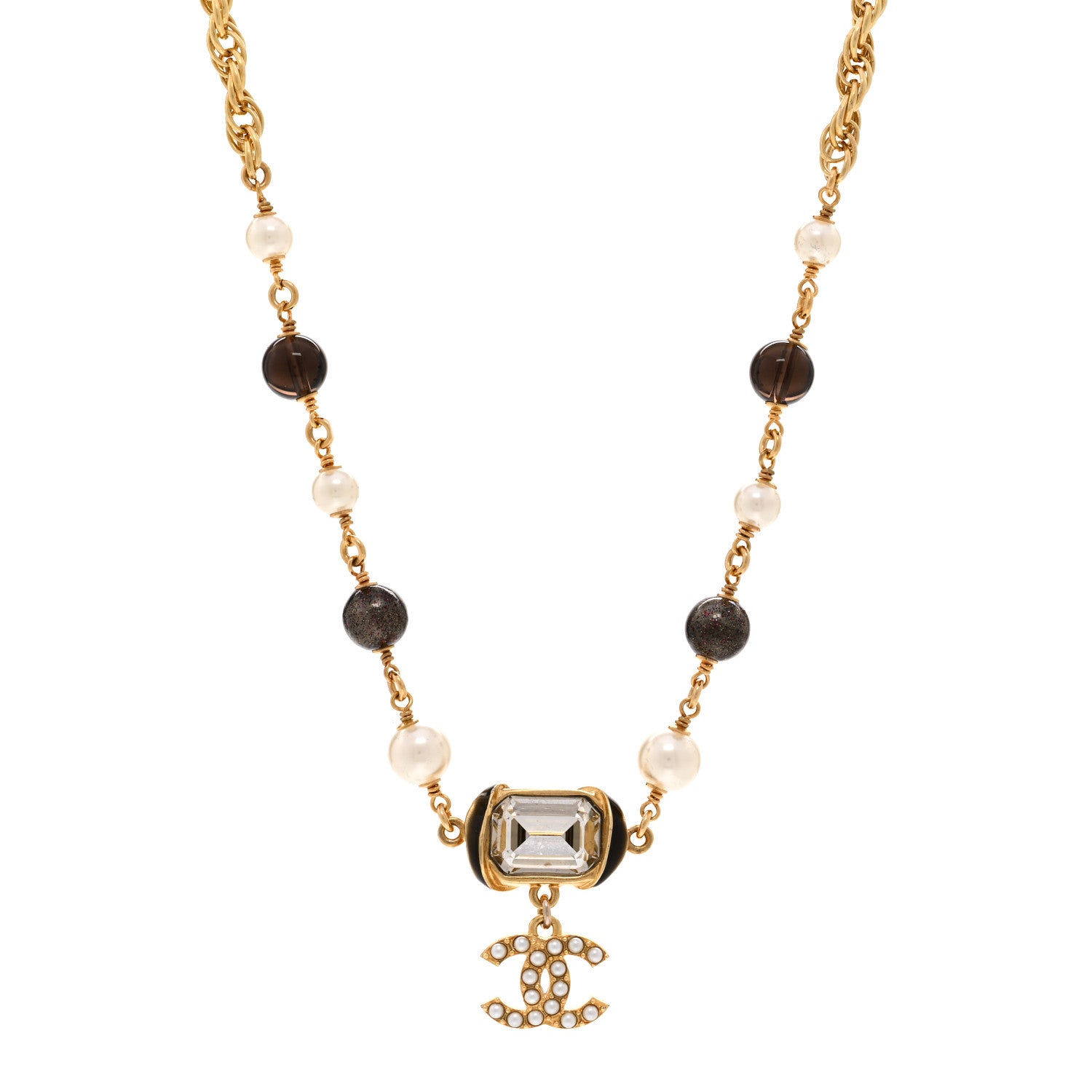Chanel Graduated Pearl Crystal CC Short Necklace Gold Black Grey 1 of 5