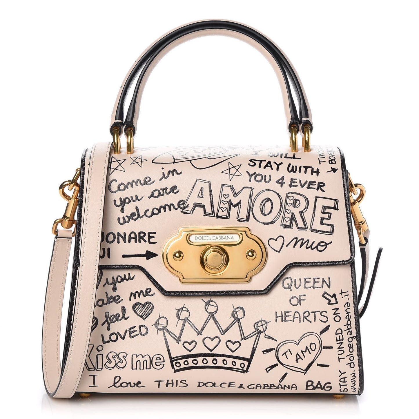 Calfskin Graffiti Printed Welcome Satchel White Black