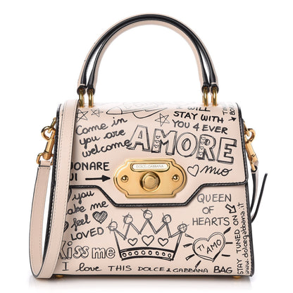 Dolce & Gabbana Calfskin Graffiti Printed Welcome Satchel White Black 1 of 12