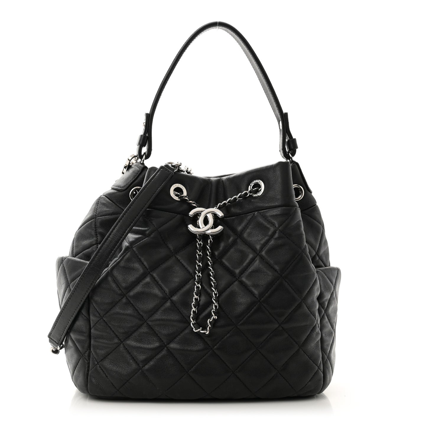 Lambskin Quilted CC Chain Bucket Drawstring Bag Black