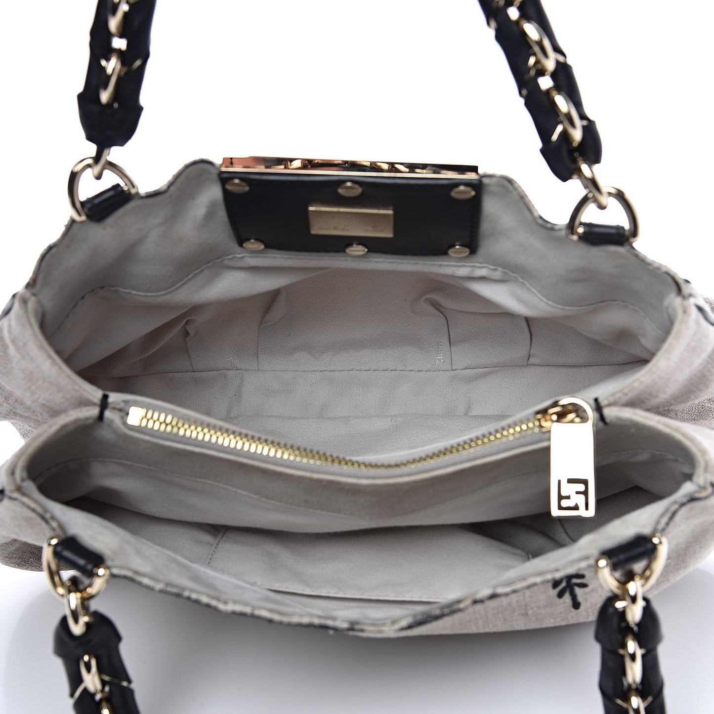 Linen Embroidered Small Mia Tote Black