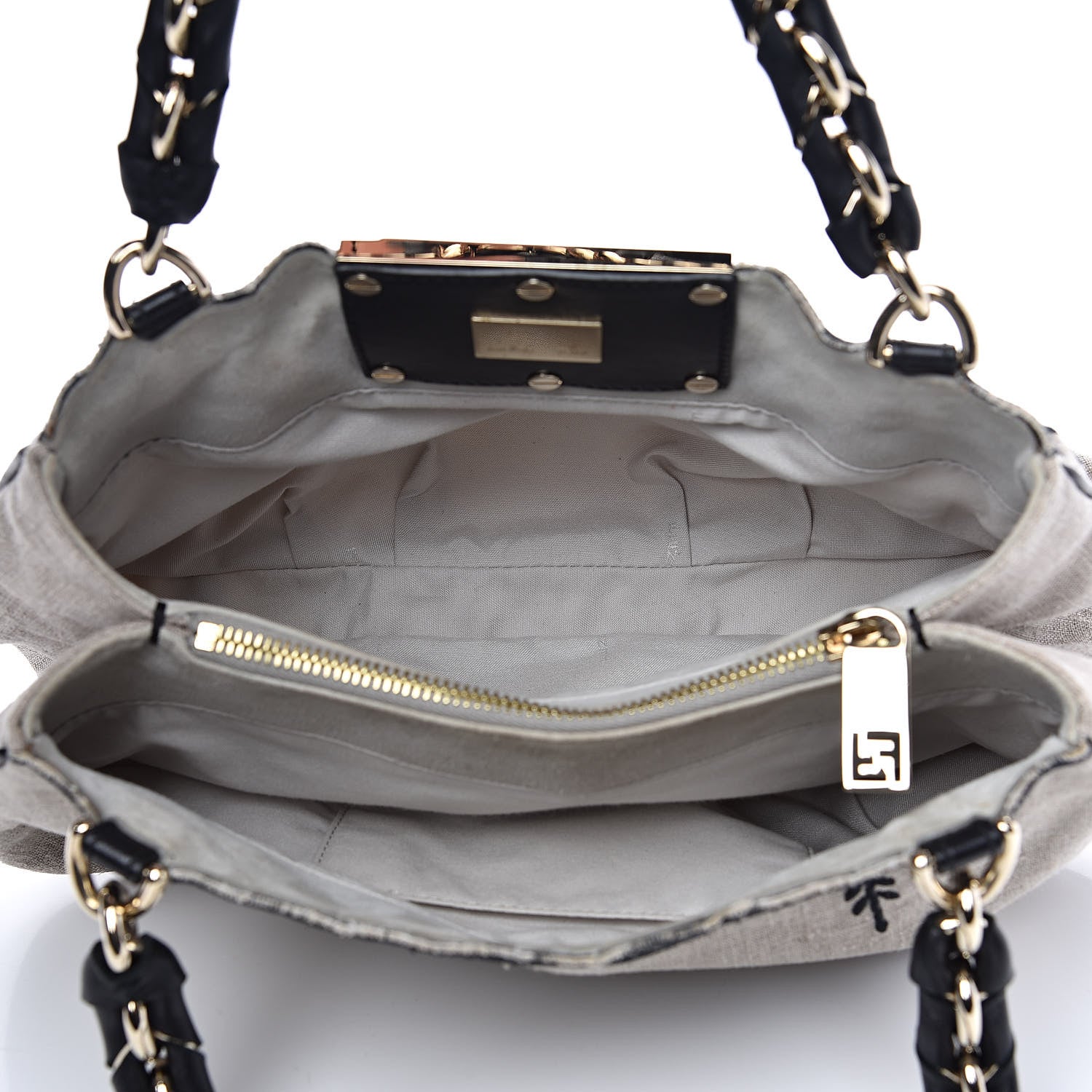 Fendi Linen Embroidered Small Mia Tote Black 5 of 16