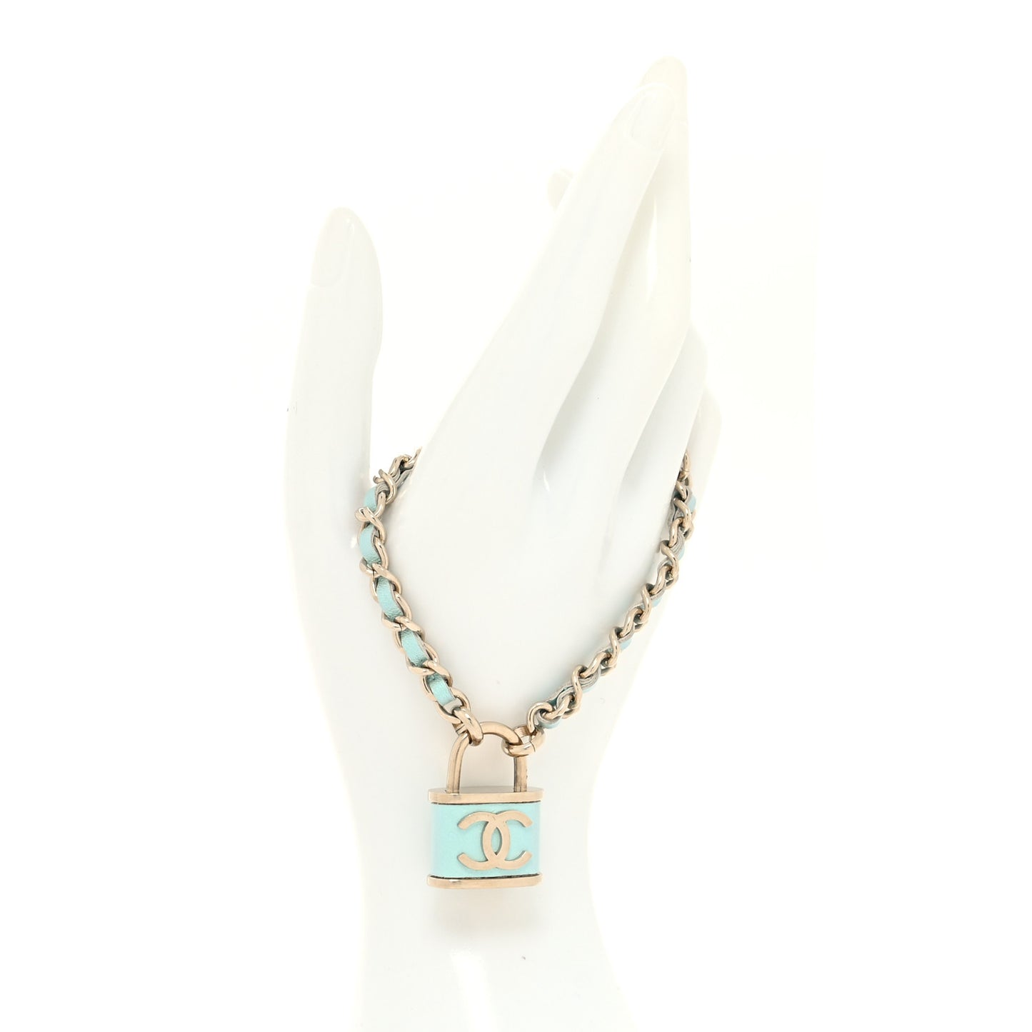 Metal Iridescent Lambskin Lock Bracelet Gold Light Blue