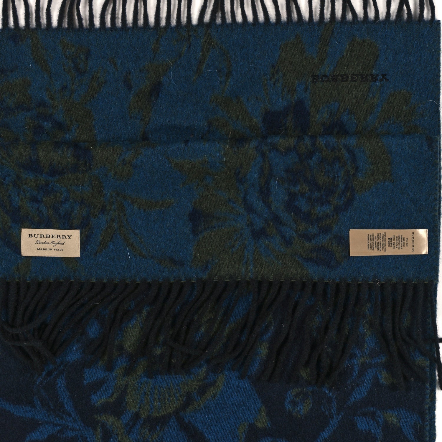 Burberry Cashmere Floral Fringe Scarf Blue Green 3 of 3