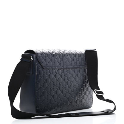 Gucci Guccissima Signature Medium Double Buckle Flap Messenger Bag Blue 3 of 11