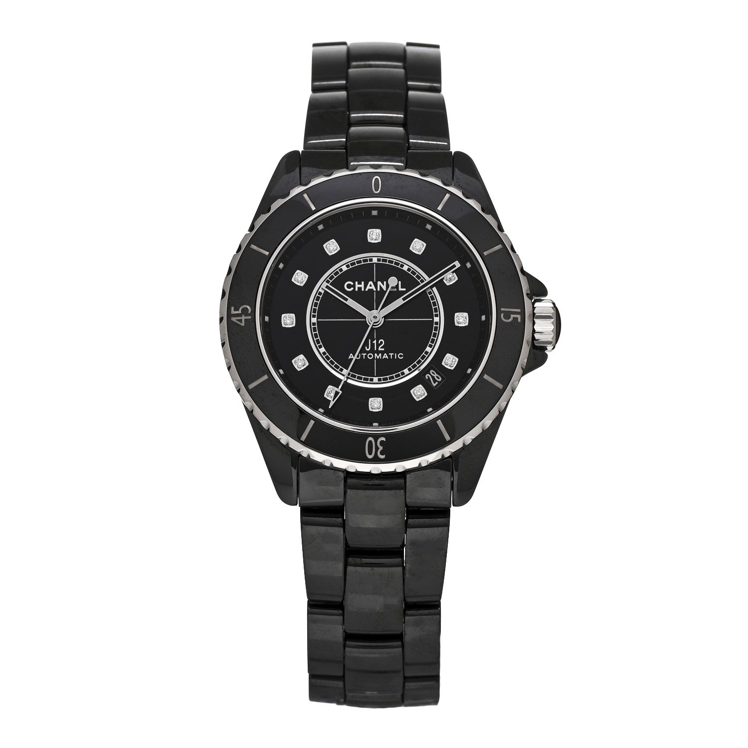 Chanel Stainless Steel Ceramic Diamond 38mm J12 Automatic Watch Black 1 of 5