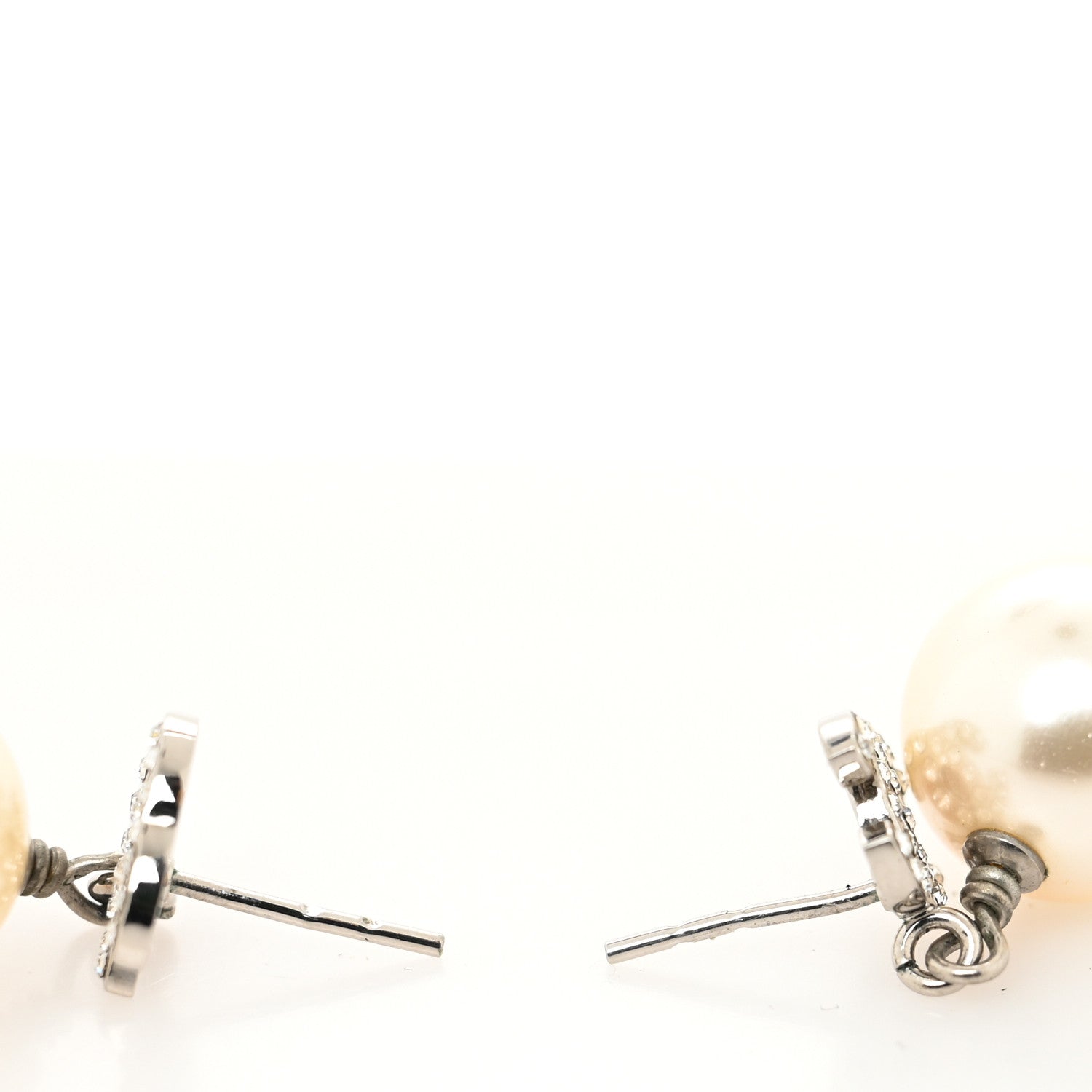 Chanel Crystal Pearl CC Drop Earrings Silver Pearly White 3 of 4