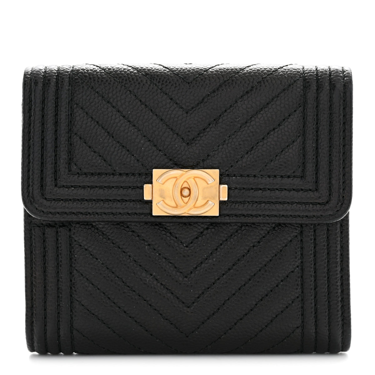 Chanel Caviar Chevron Quilted Boy Compact Wallet Black 1 of 7