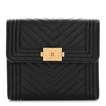 Chanel Caviar Chevron Quilted Boy Compact Wallet Black 1 of 7