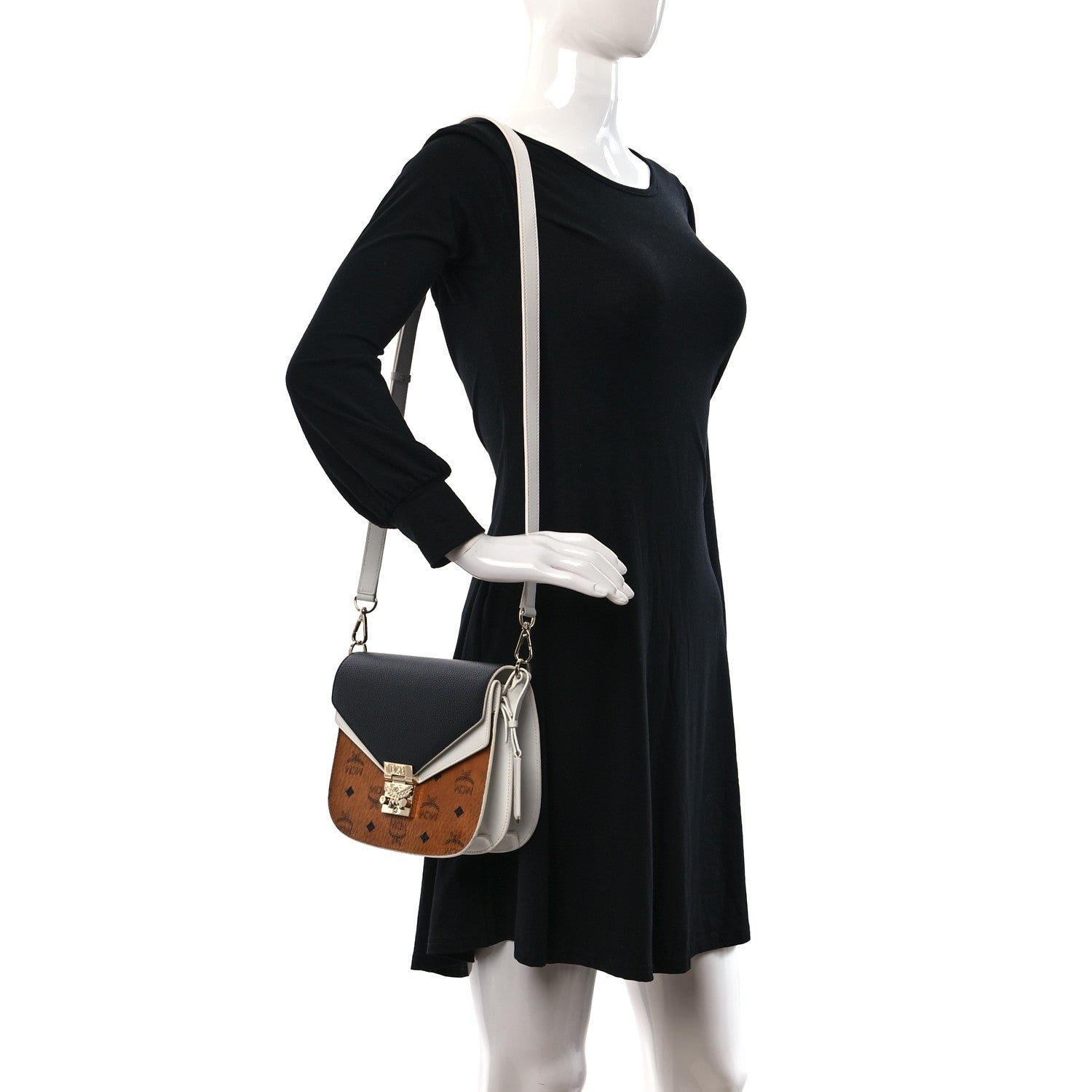 MCM Visetos Calfskin Small Patricia Crossbody Bag Cognac White Black 2 of 16