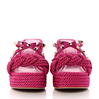Valentino Garavani Calfskin Silk Rockstud Torchon Espadrille Wedge 25/95mm Slide Sandals 37 Rose Violet 2 of 16