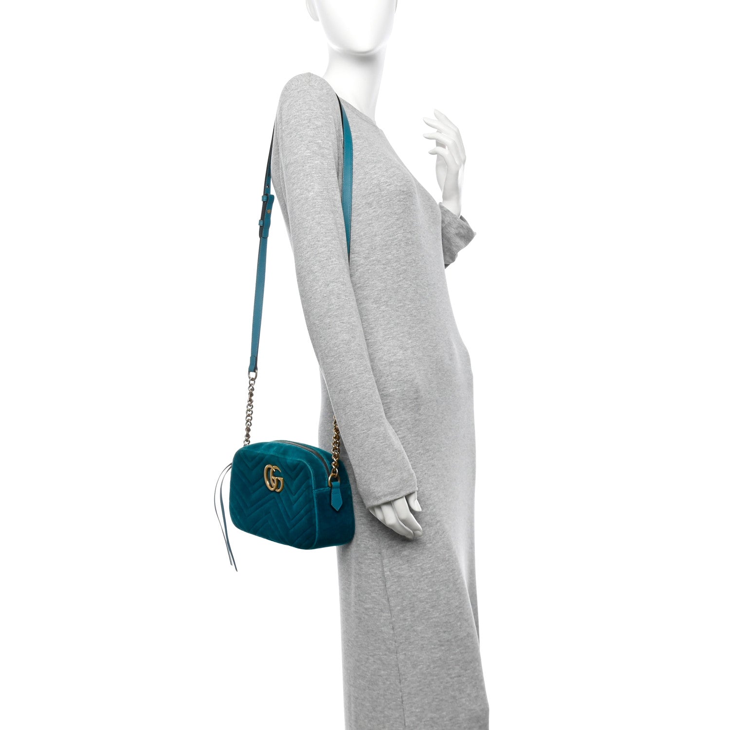 Gucci Velvet Matelasse Small GG Marmont Chain Shoulder Bag Pavone Cyan 2 of 12