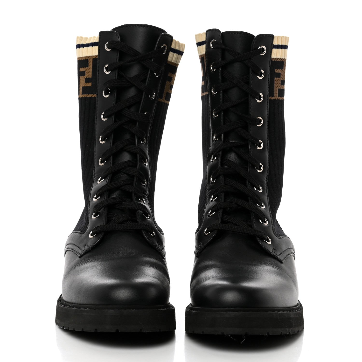 Fendi Calfskin Stretch Fabric Rockoko Biker Boots 41 Tobacco Black Marino 2 of 7