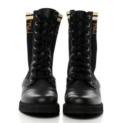 Fendi Calfskin Stretch Fabric Rockoko Biker Boots 41 Tobacco Black Marino 2 of 7