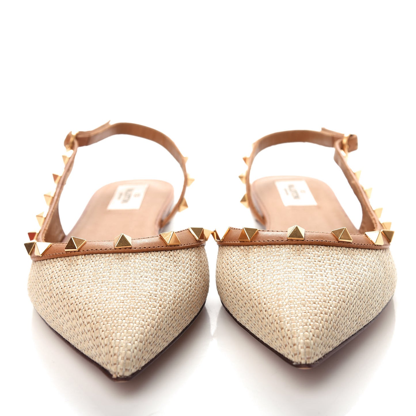 Raffia Calfskin Rockstud Slingback Flats 40 Naturale