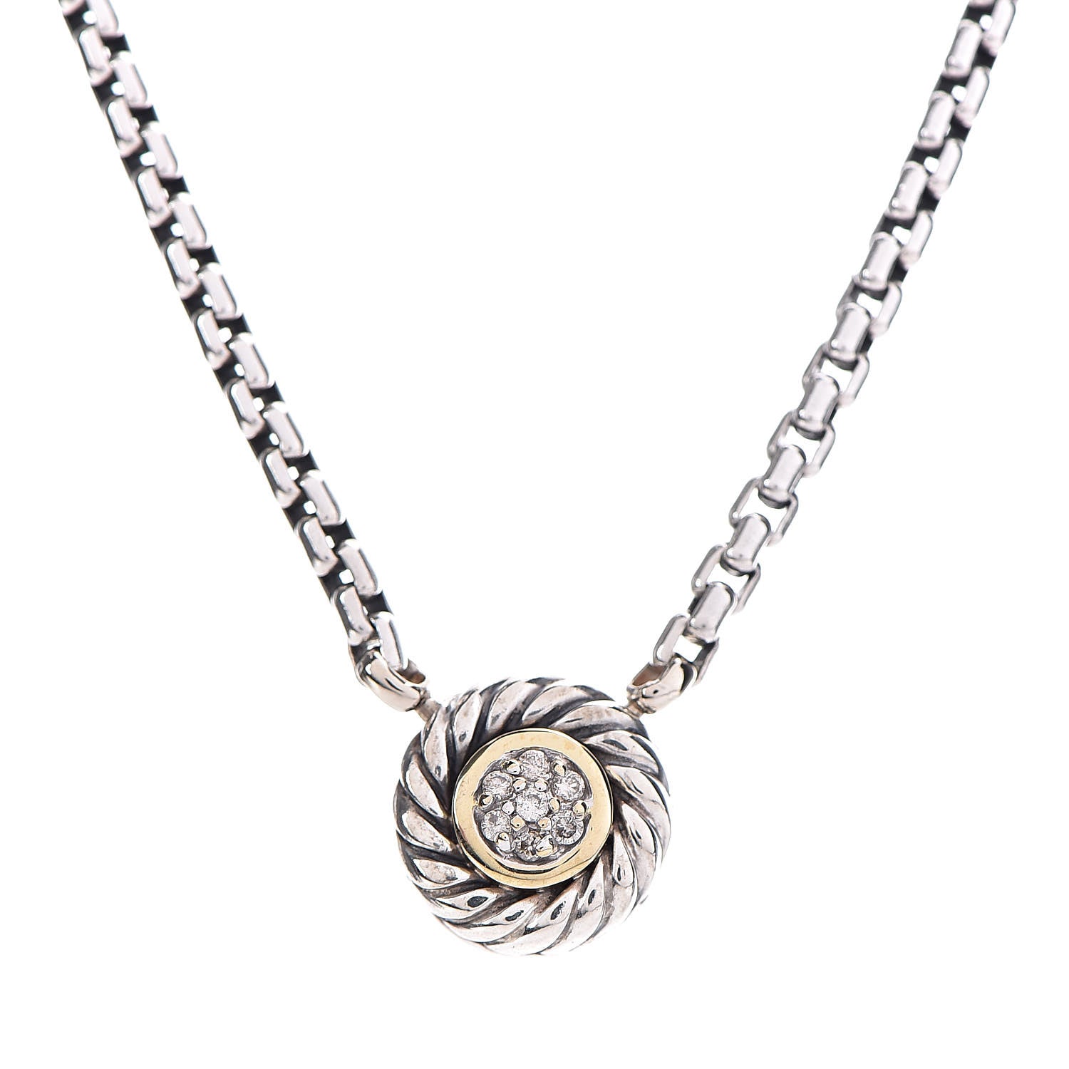David Yurman Sterling Silver 14K Yellow Gold Pave Diamond 12mm Cookie Necklace 4 of 6
