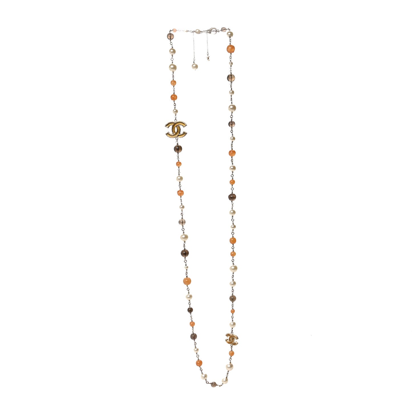Enamel Bead Pearl CC Long Necklace Brown Gold