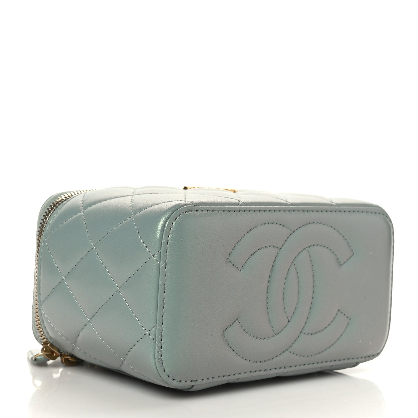 Metallic Lambskin Quilted Small CC Dynasty Vanity Case With Chain Grey