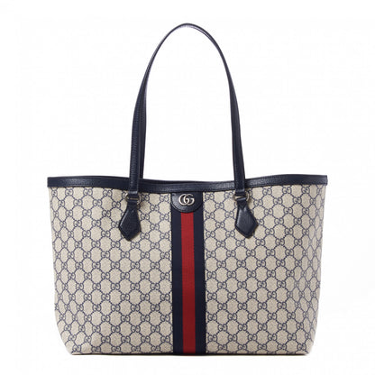 Gucci GG Supreme Monogram Textured Calfskin Web Medium Ophidia Shopping Tote Beige Blue 1 of 9
