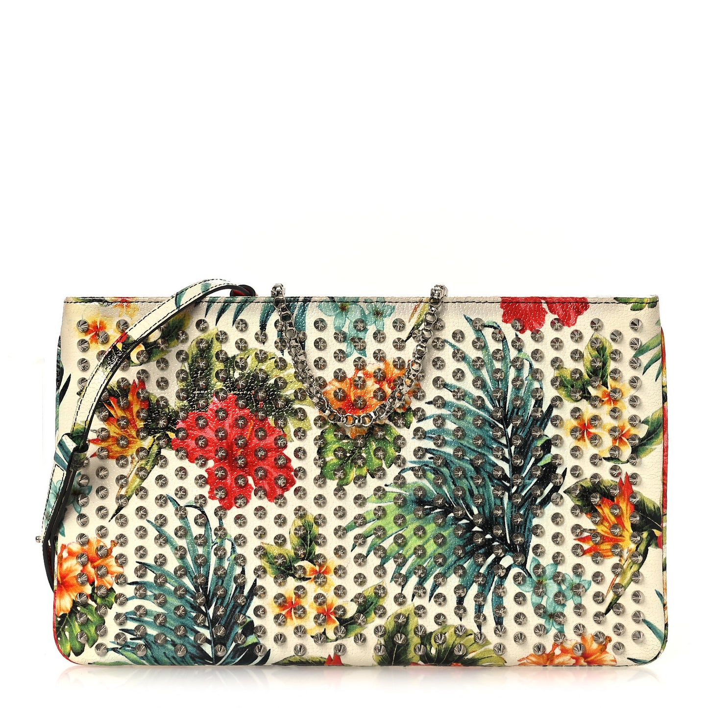Calfskin Studded Floral Mosaic Loubiclutch Crossbody Clutch White Multicolor