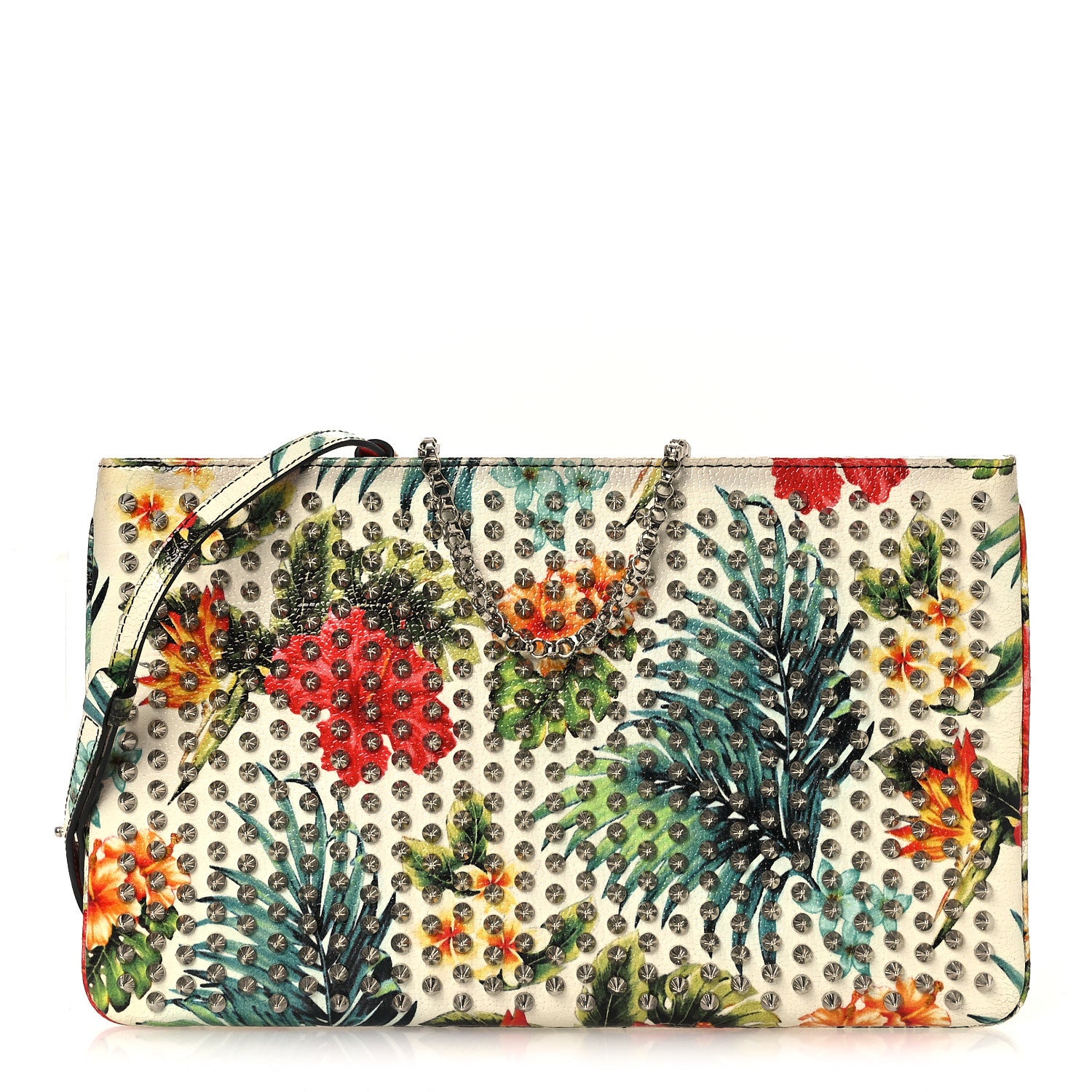 Christian Louboutin Calfskin Studded Floral Mosaic Loubiclutch Crossbody Clutch White Multicolor 1 of 11