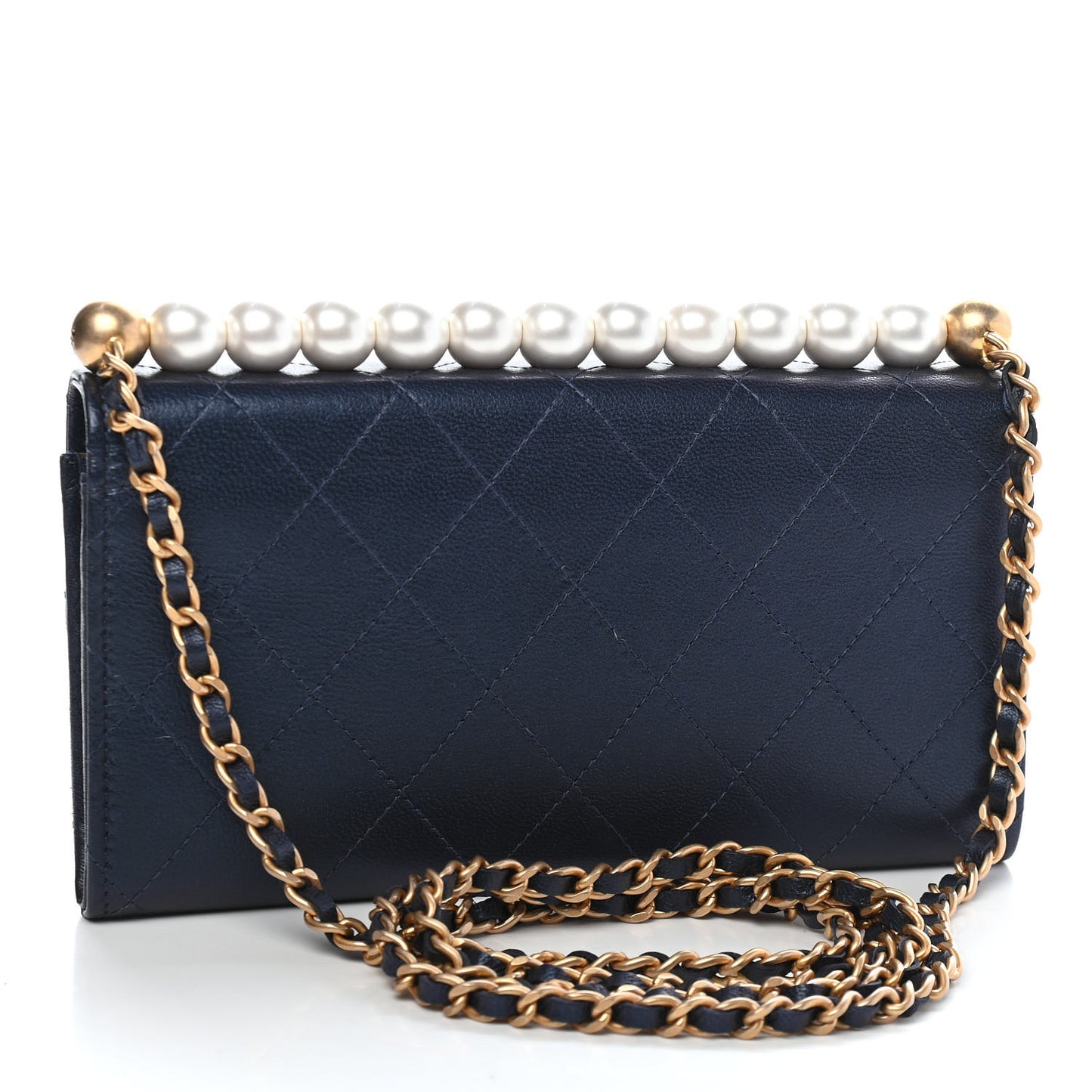 Iridescent Lambskin Quilted Chic Pearls Clutch With Chain Blue