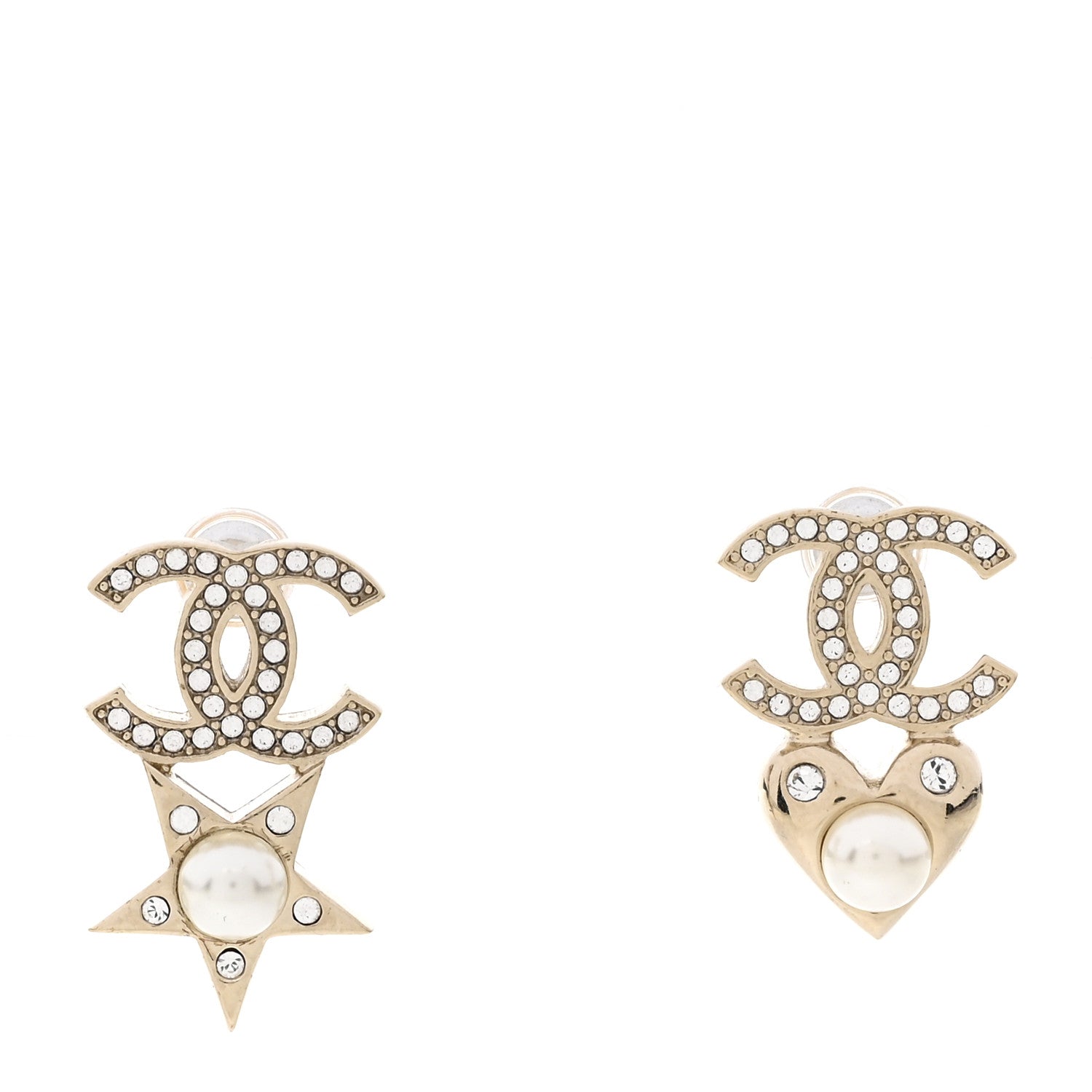 Chanel Crystal Pearl Charming Winter CC Star Heart Earrings Gold 1 of 4