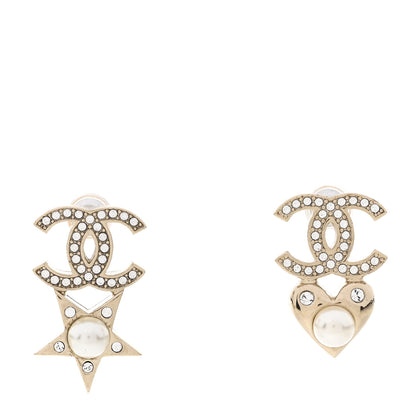Chanel Crystal Pearl Charming Winter CC Star Heart Earrings Gold 1 of 4