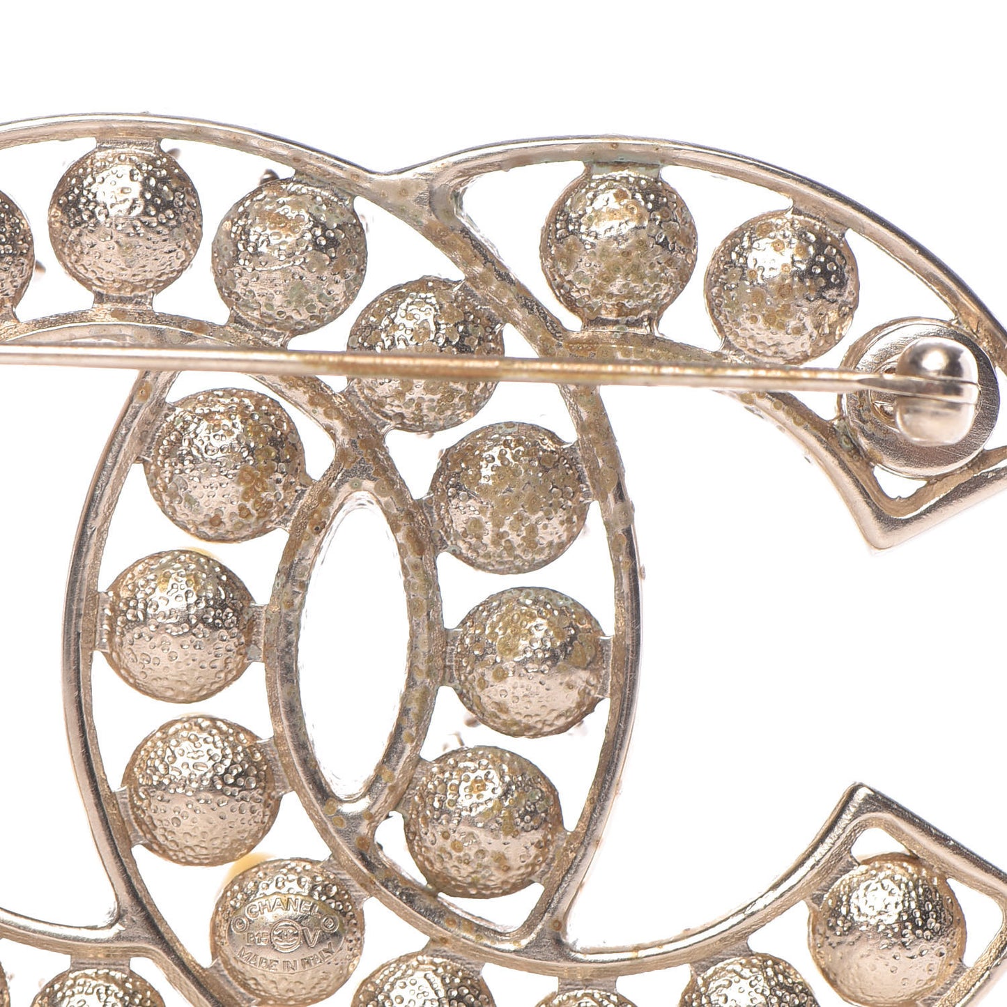 Pearl Crystal CC Brooch Gold